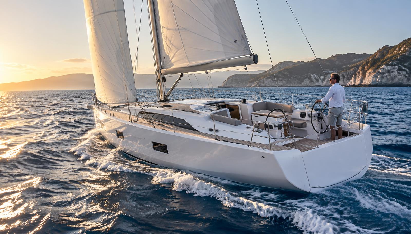 Modern sailboat navigating coastal waters